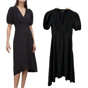 Club Monaco V-Neck Puff Sleeve Dress Size 2 Black Seersucker Lined Midi